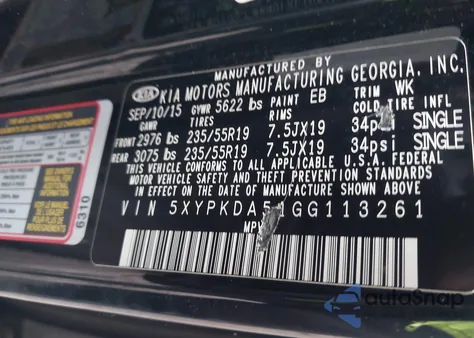 2016 Kia Sorento 3.3L Sx z USA, uszkodzony, nr VIN 5XYPKDA51GG113261